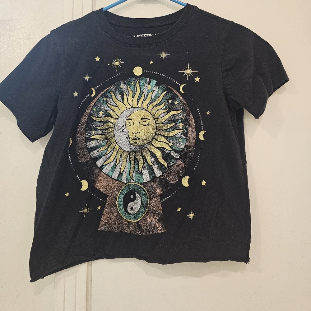Modern Lux Black Tee with Cosmic Sun and Moon